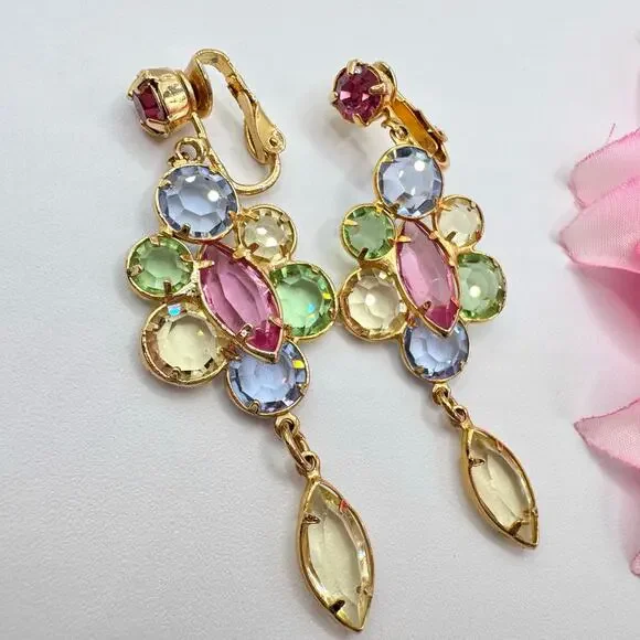 Vintage Austrian Crystal Clip On Earrings Pastel Ethereal Spring Fairycore Long - Picture 5 of 16